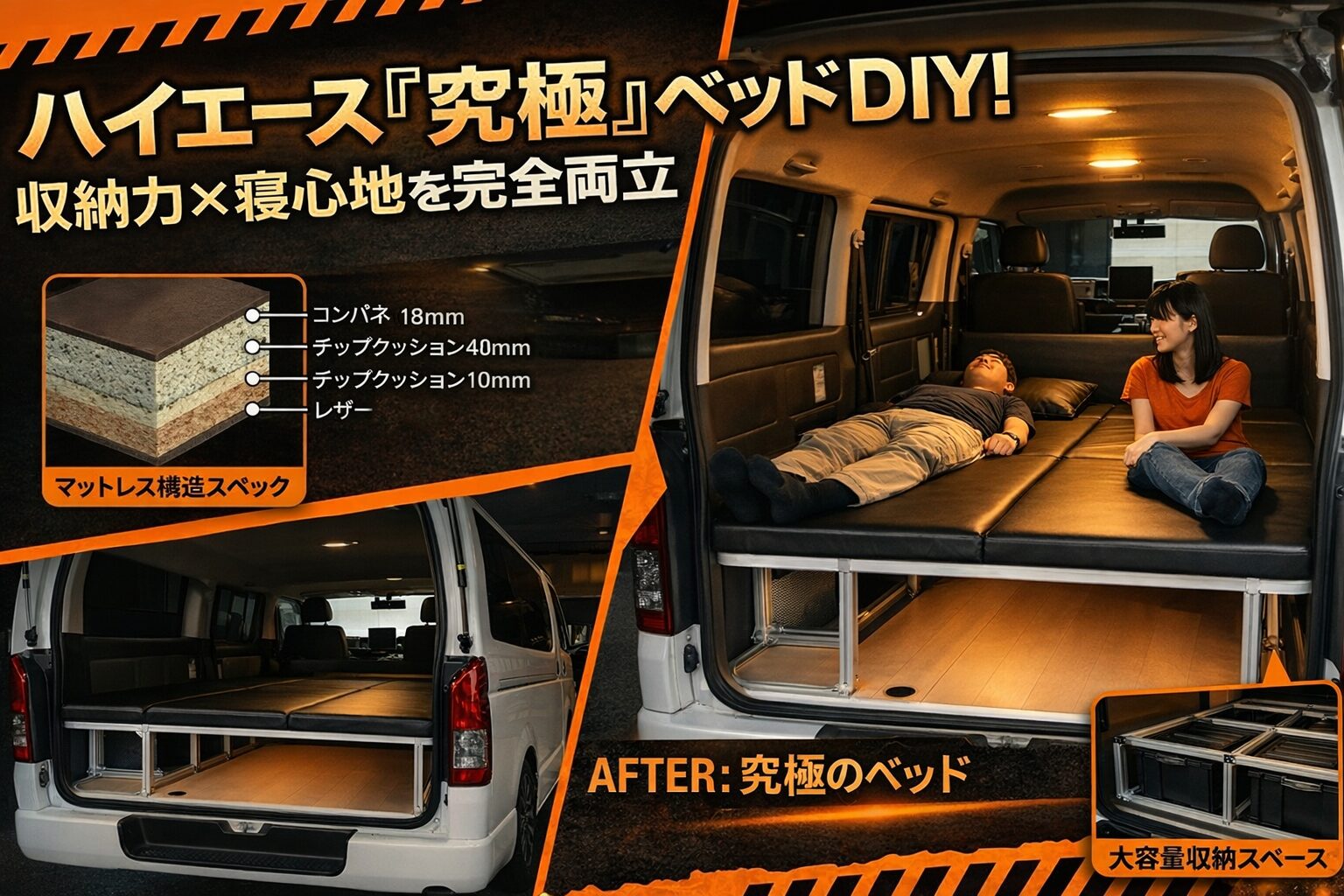 ハイエース ベッド DIY フルフラット 2人就寝 大容量収納 車中泊仕様