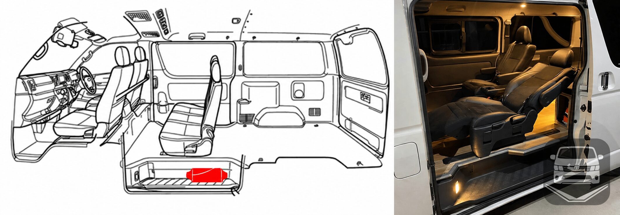 ハイエースFFヒーター取付位置 セカンドステップ構造図と実車内装比較