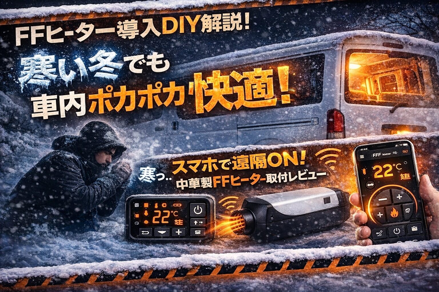 ハイエースに中華製FFヒーターをDIY取り付けして車内を暖房化、スマホ操作で遠隔ON可能な車中泊用ヒーターの解説画像