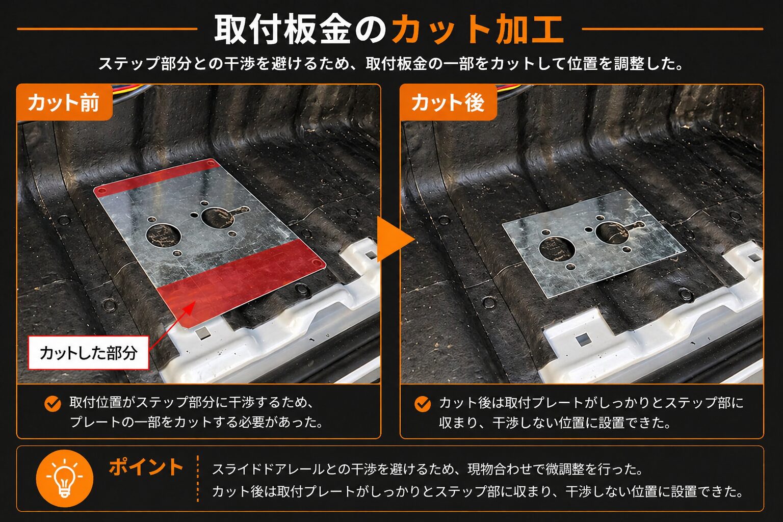 ハイエースFFヒーター取付プレート加工｜スライドドア干渉回避のための板金カット前後比較