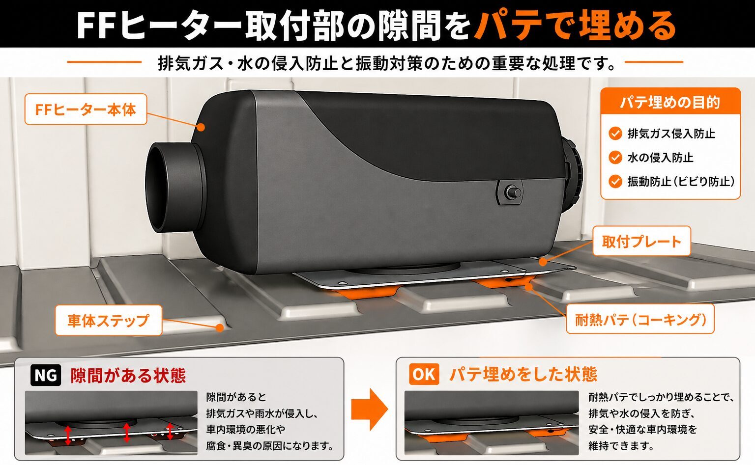 ハイエースFFヒーター取付部の隙間を耐熱パテで埋める施工方法とNG比較図